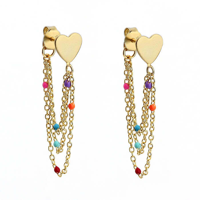 Sterling Silver Shiny Heart Enamel Chain Stud Earrings