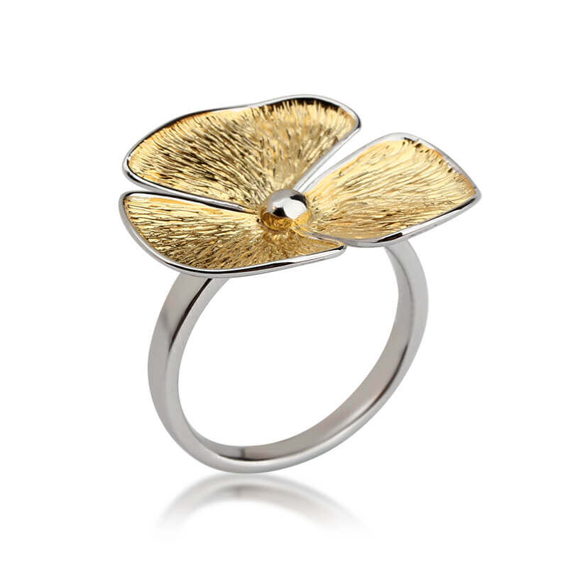 Sterling Silver Two-Tone Brushed  Flower Ring