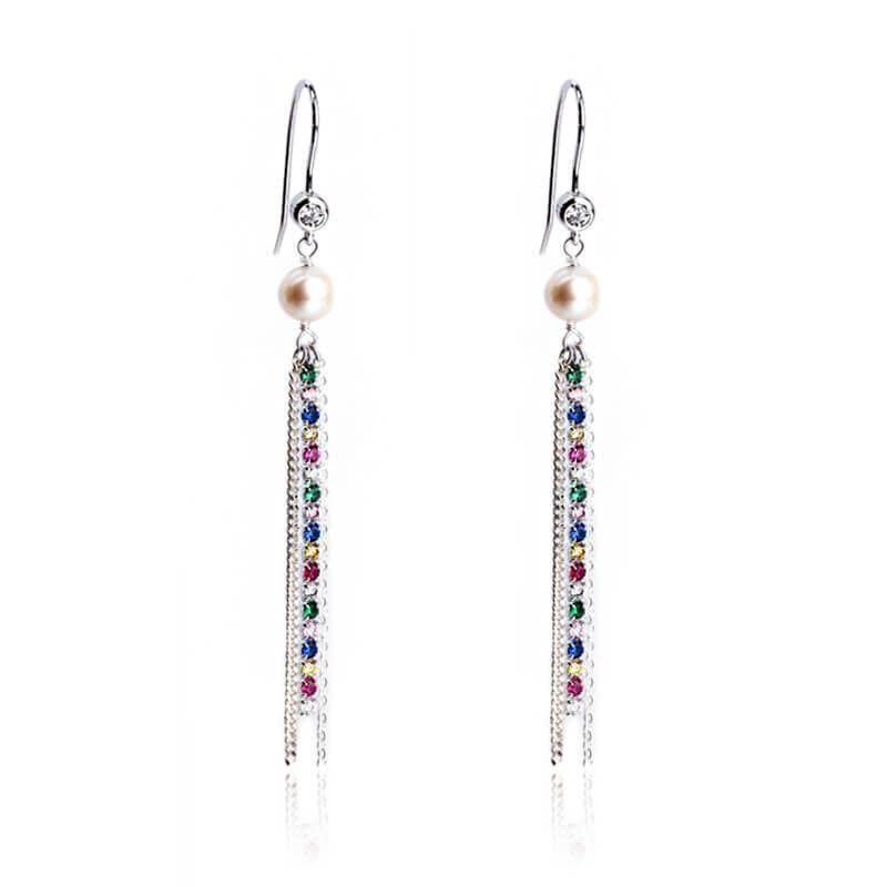 Sterling Silver Pearl Rainbow CZ Tennis Chain  Earrings