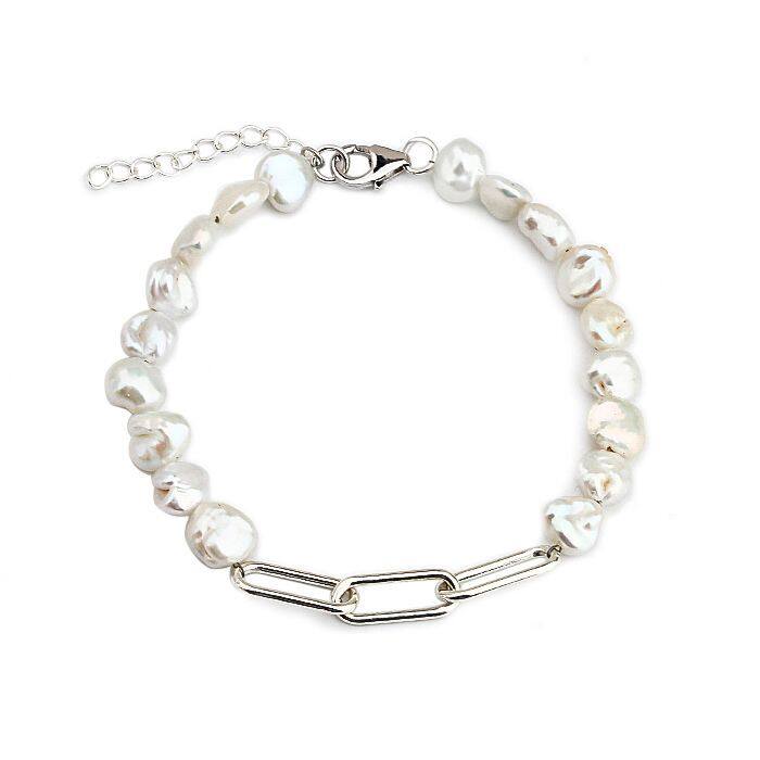 Sterling Silver Paperclip Baroque Pearl Bracelet