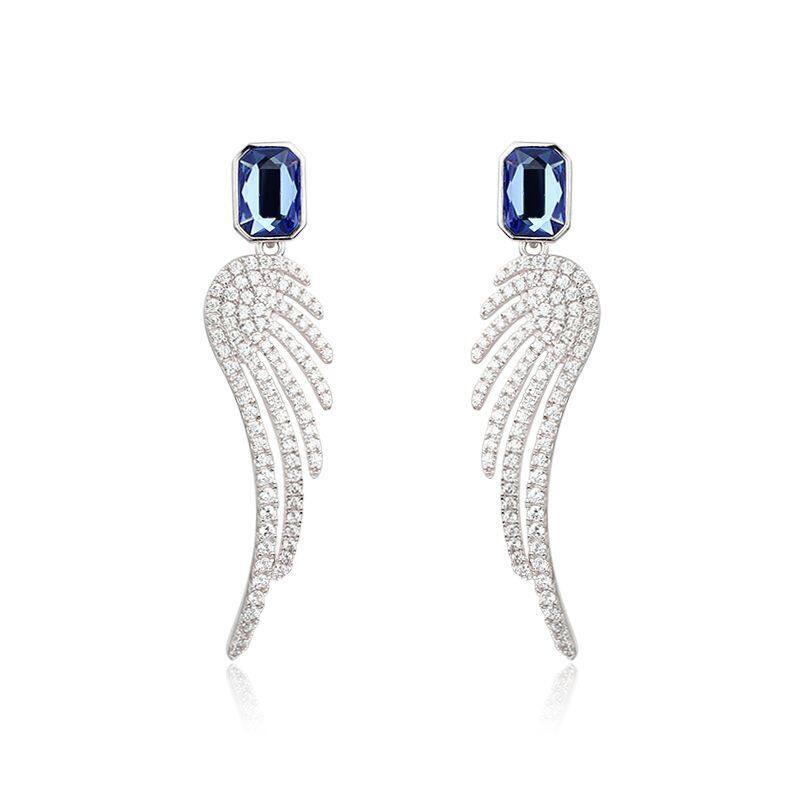Sterling Silver Big Angel Wing With Blue Swarovski Crystal Earrings