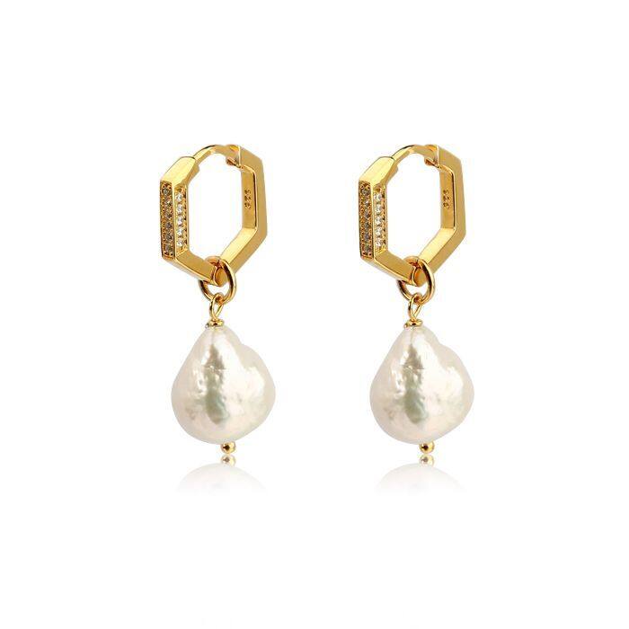 Sterling Silver  Hexagon Hoop Baroque Pearl Earrings