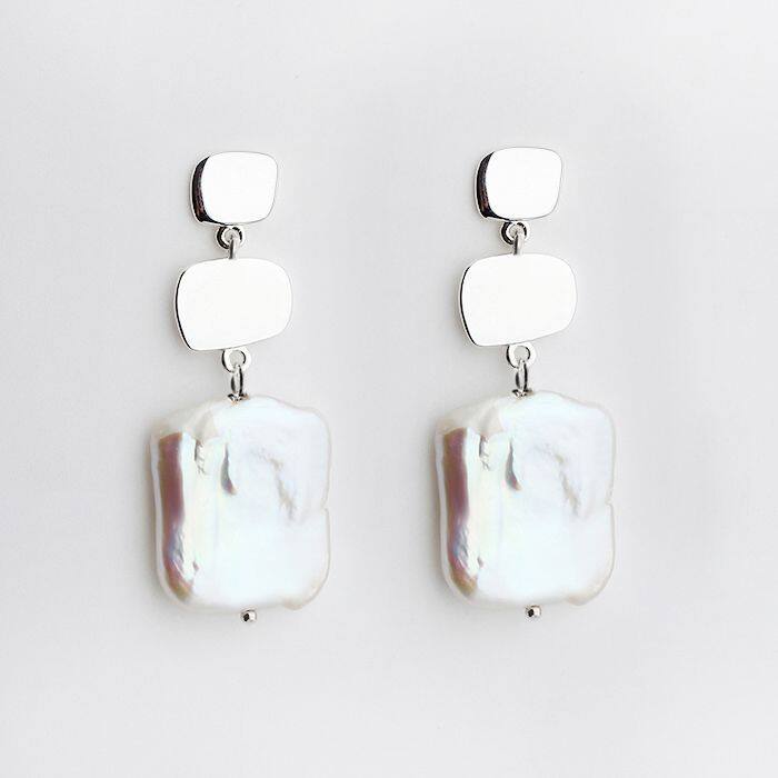 Sterling Silver Square  Baroque Pearl Earring