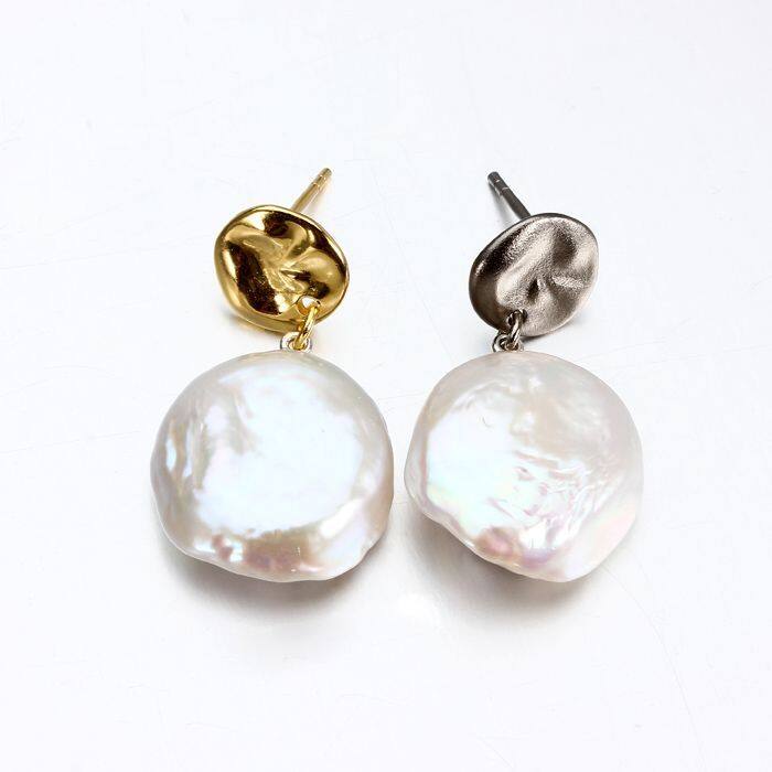 Sterling Silver Coin Baroque Pearl Earring Stud