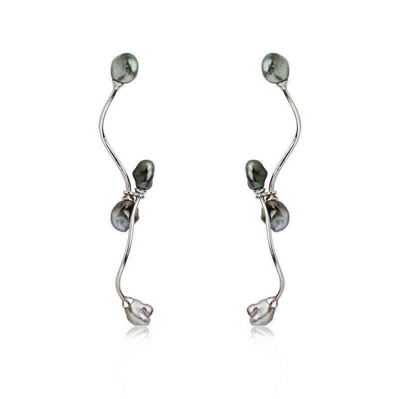Sterling Silver tahitian Pearl Wave Earrings Stud