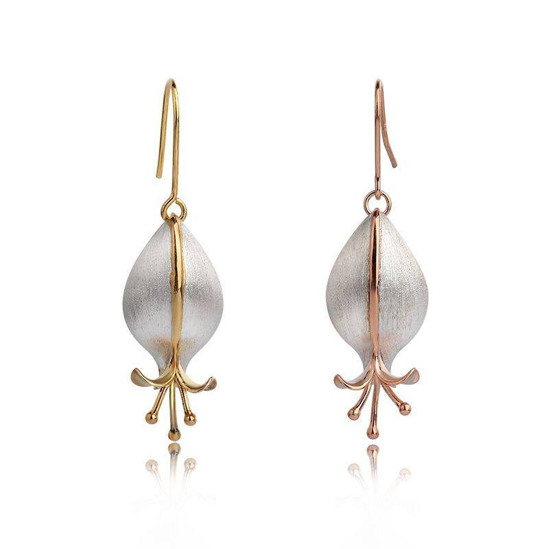 Sterling Silver Brushed Two-Tone Plated Flower Bud Hook Earrings