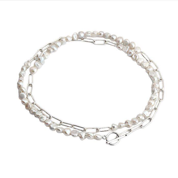 Sterling Silver  Baroque Pearl Link Chain Long Necklace