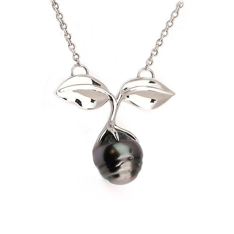 Sterling Silver Leaf Tahitian Pearl Necklace