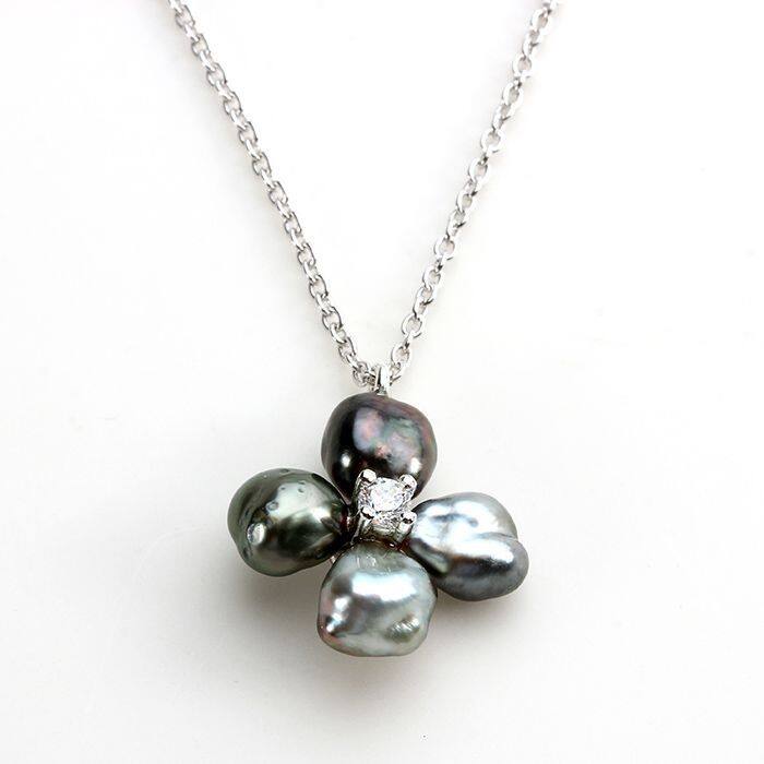 Sterling Silver Black Tahitian  Keshi Pearl Clover Necklace