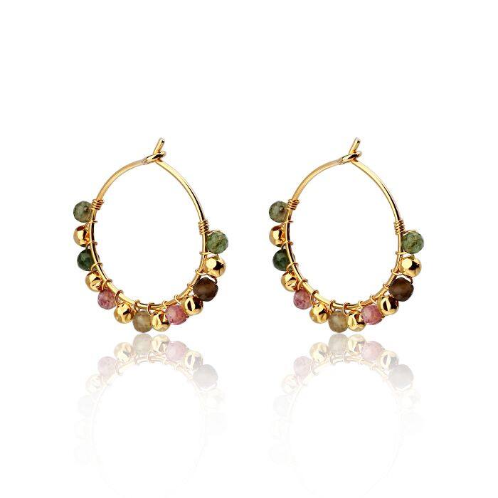 925 sterling silver shiny bead and tourmaline earrings hoop