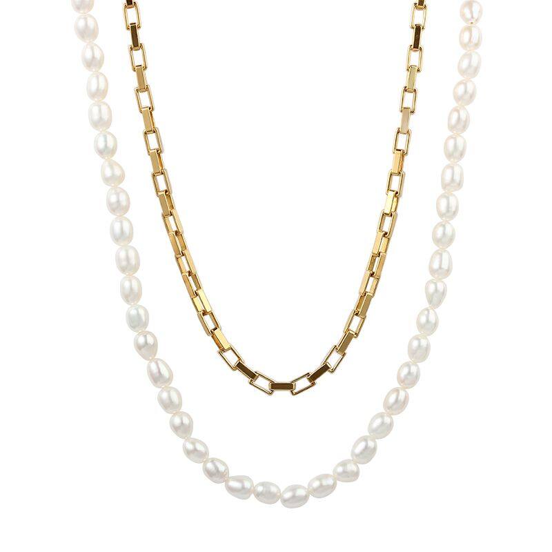 Sterling silver box chain with pearl double layers neckleces
