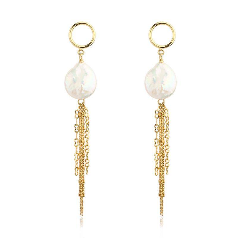 sterling silver 925 baroque pearl chain tassel earrings stud