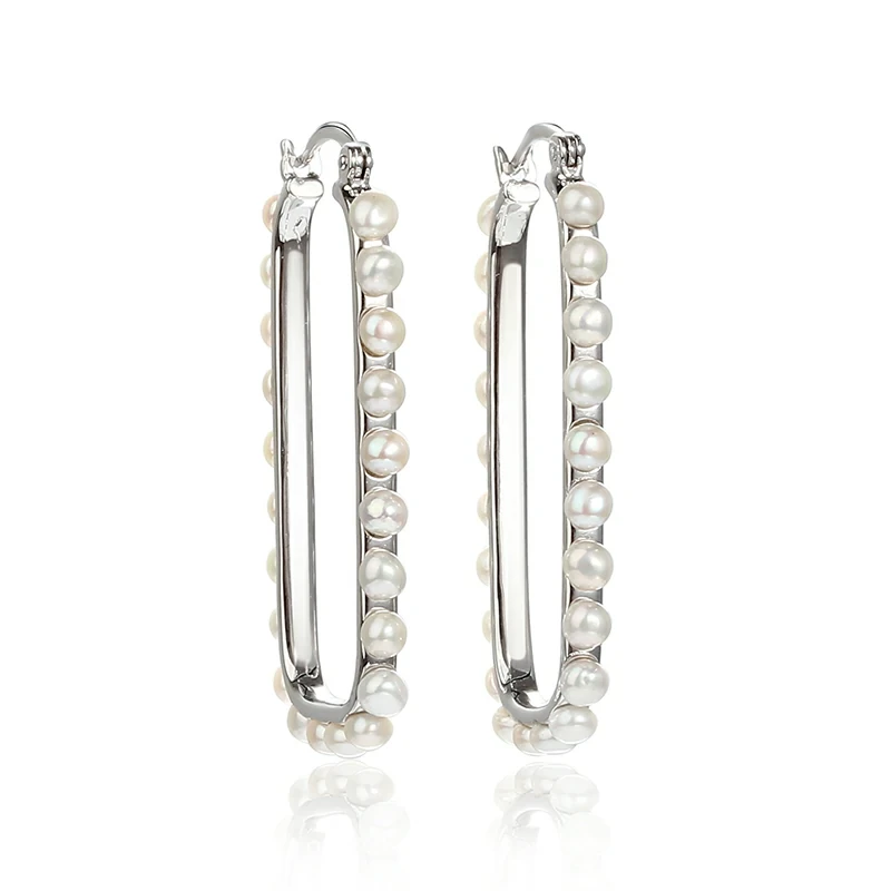Sterling Silver 925 Rectangle Pearl Huggie Earrings