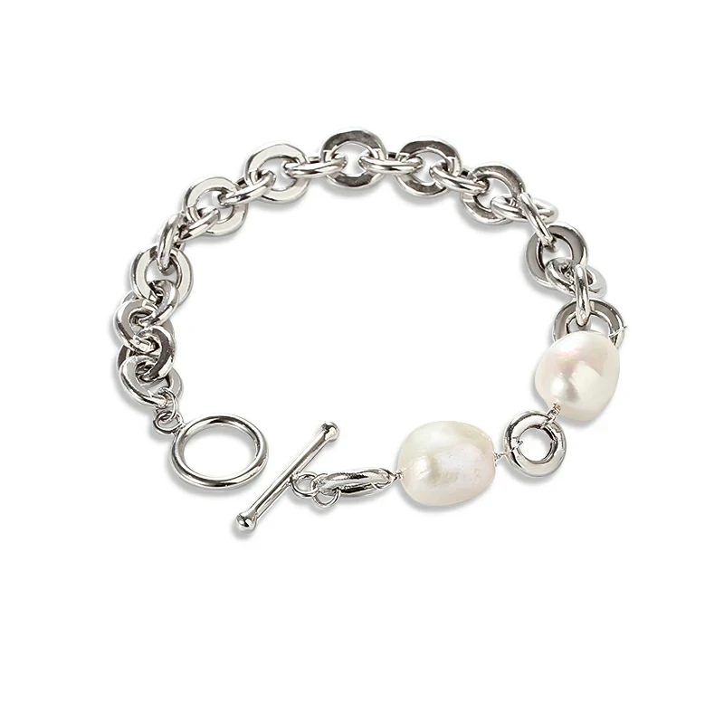 Sterling Silver 925 Baroque Pearl Hollow Rolo Chain Bracelet