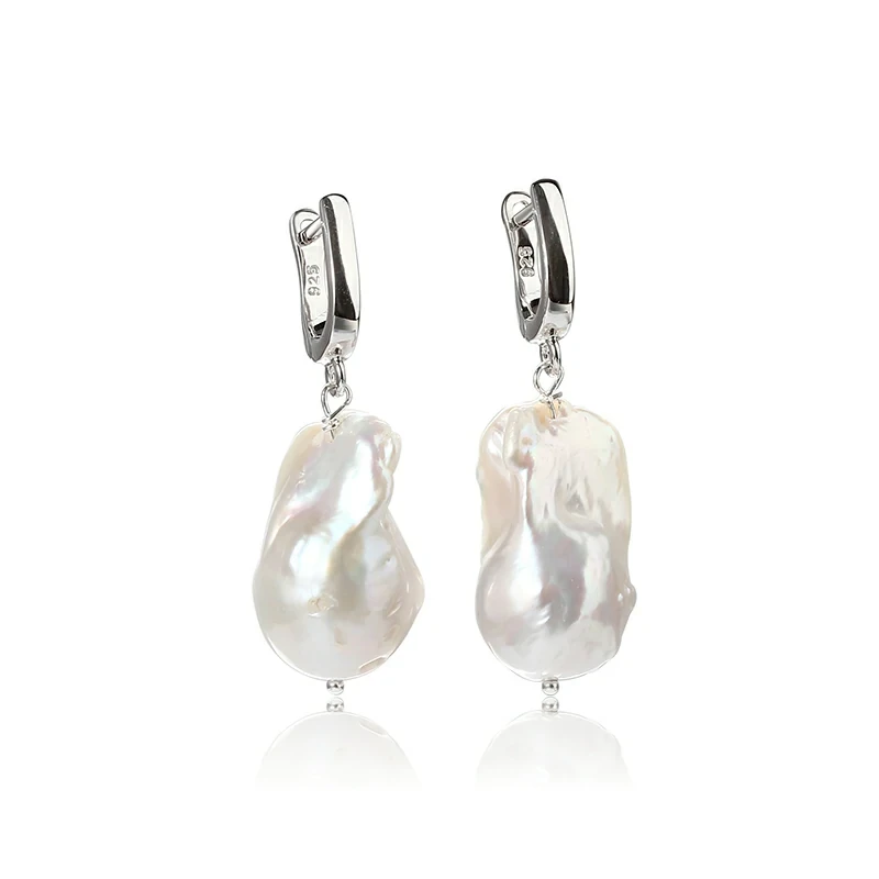 Sterling Silver 925 Big Baroque Pearl Hoop Earring