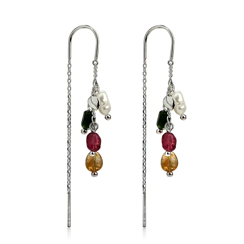 Sterling Silver 925 U wire Pearl and Gemstone Chain Earring