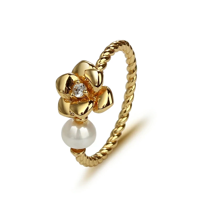 Gold Plated 925 Sterling Silver Rose Ring With Pearl and Gems
