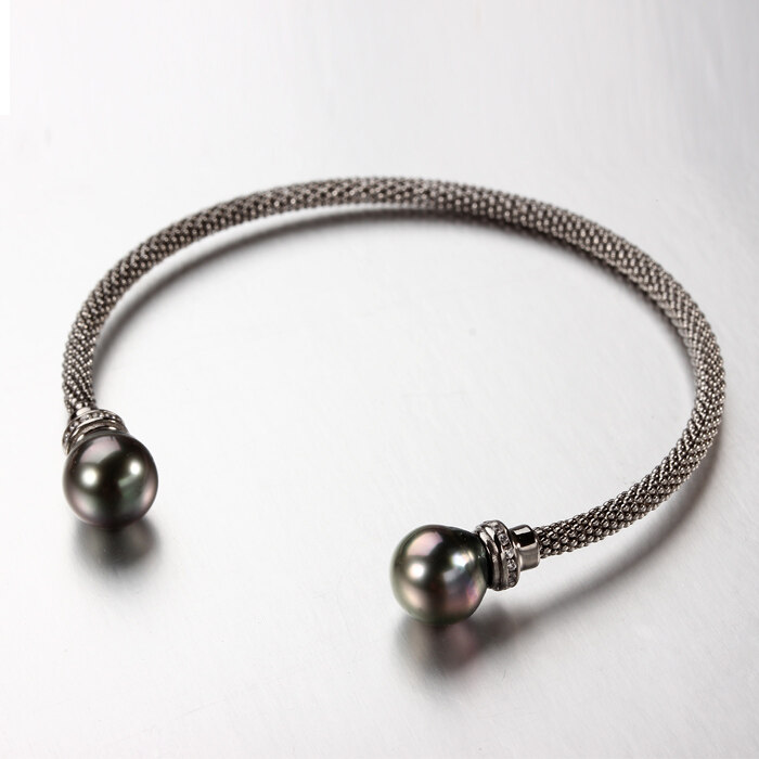 925 Sterling Silver Tahitian Pearl Open Bangle