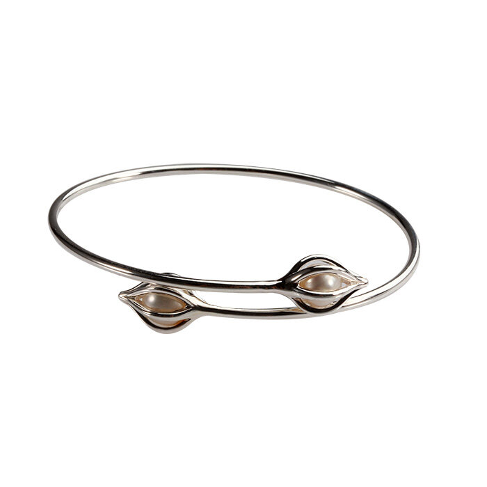 925 Sterling Silver Flower Bud Pearl Bangle