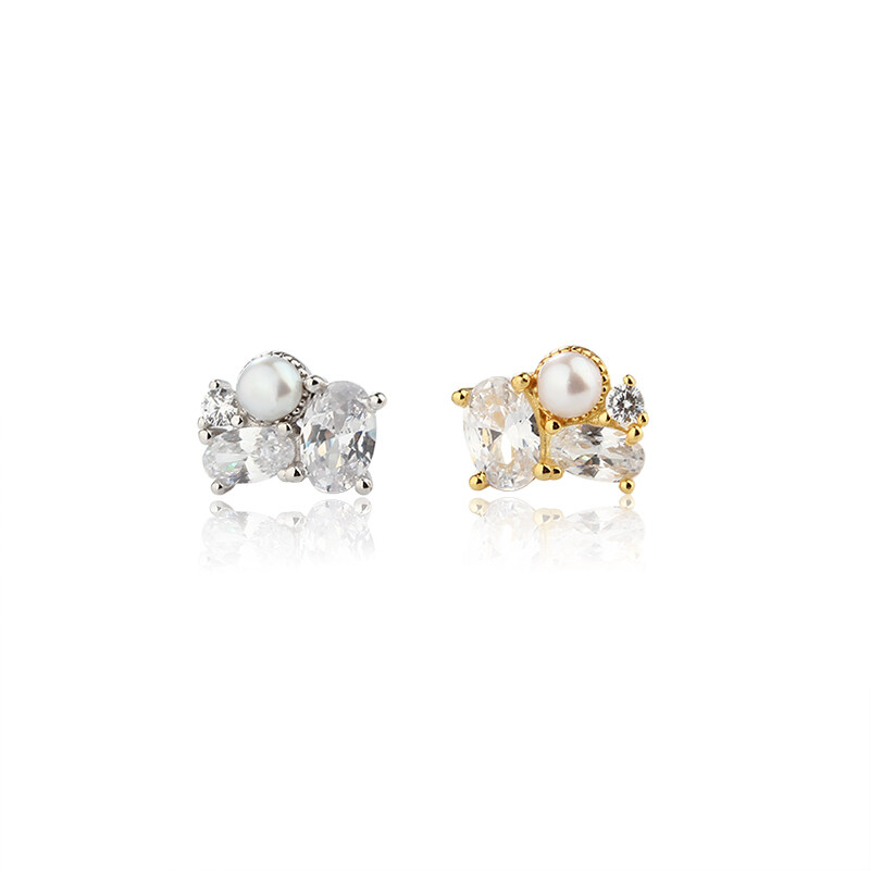 925 Sterling Silver Pearl & CZ Earring Studs