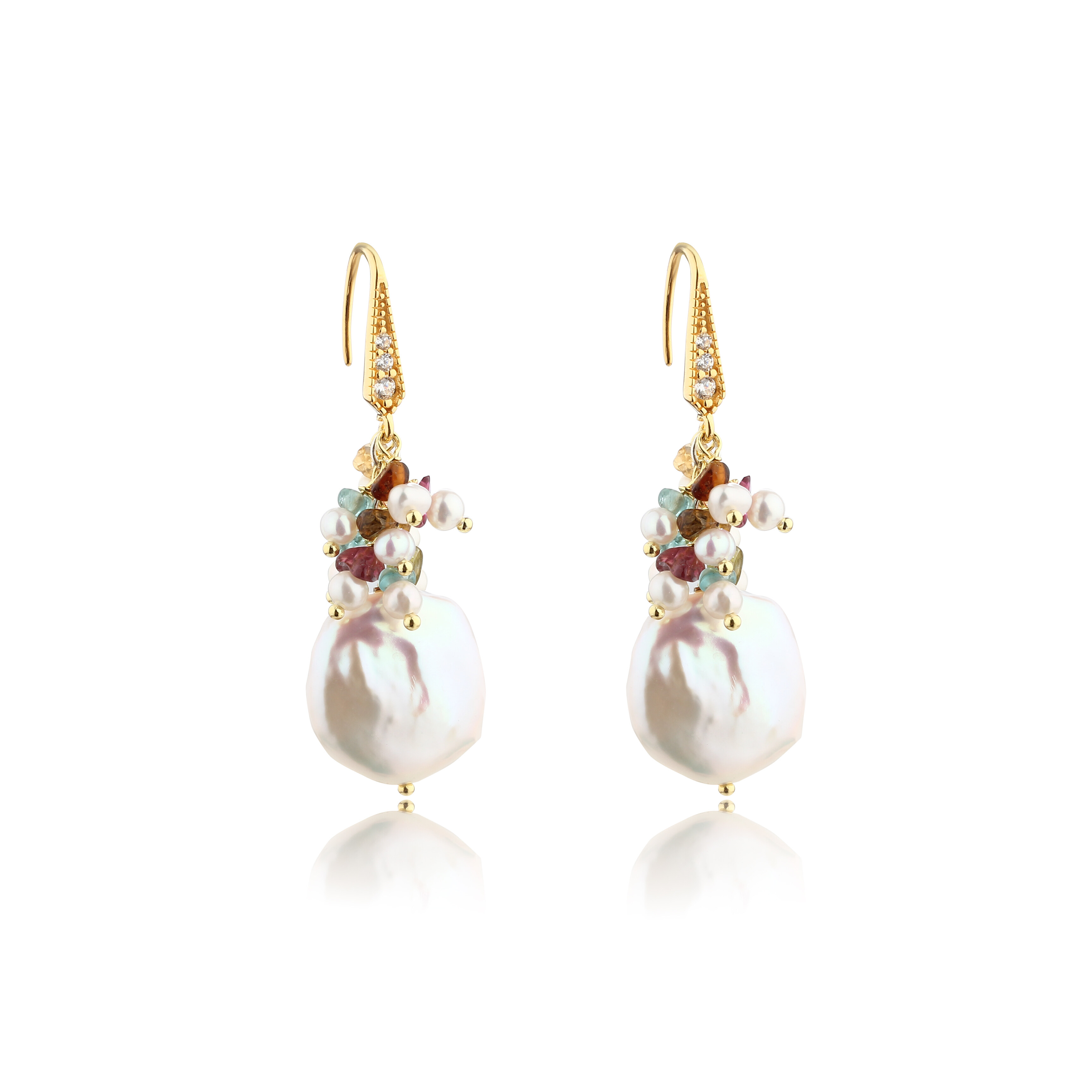 925 Sterling Silver Baroque Pearl & Gems Stone Earrings