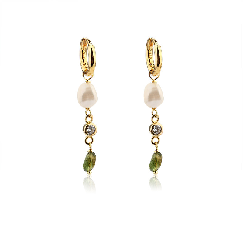 925 Sterling Silver Pearl & GemsStone  Hoop Earrings