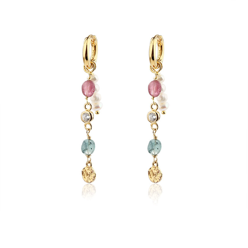 925 Sterling Silver Pearl & Tourmaline Gems Earrings
