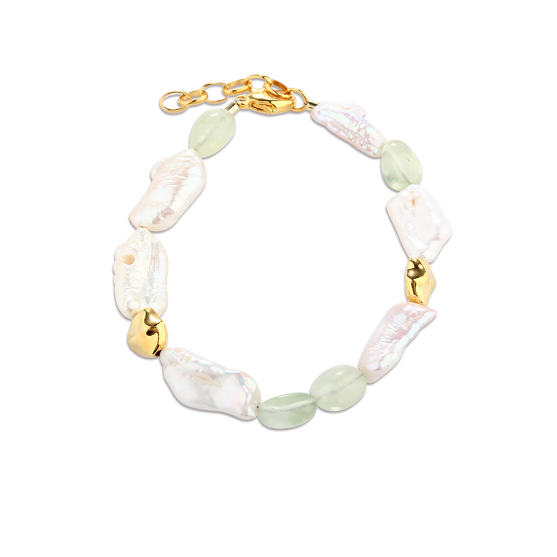 925 Sterling Silver Prehnite Gemstone & Baroque Pearl Bracelet