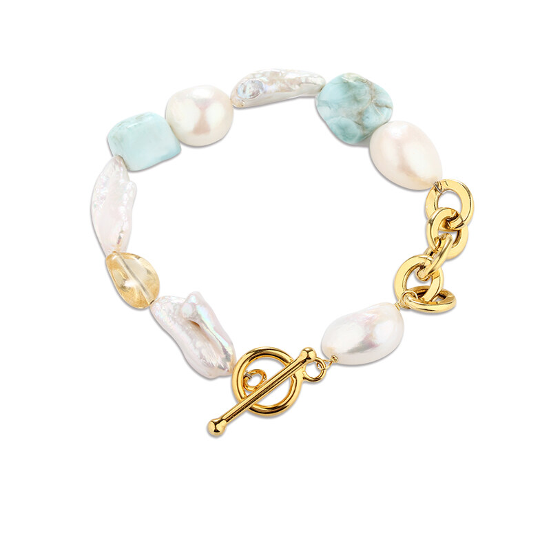 925 Sterling Silver Larimar & Pearl Bracelet