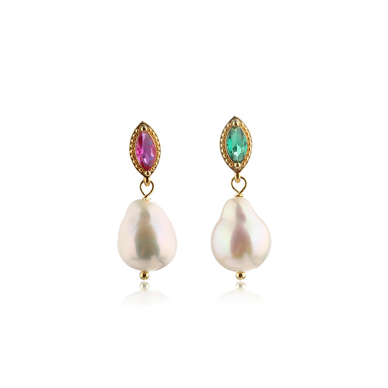 925 Sterling Silver CZ and Baroque Pearl Earrings Studs