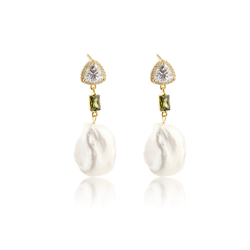 925 Sterling Silver CZ & Baroque Pearl Earring Studs