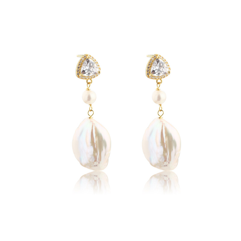 925 Sterling Silver CZ & Baroque Pearl Earring Studs