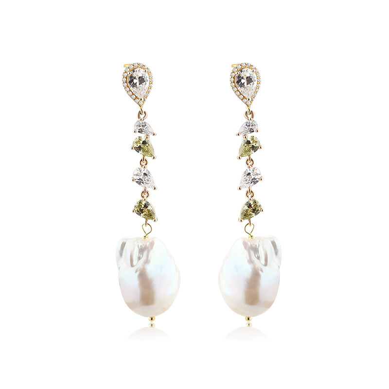 925 Sterling Silver CZ & Baroque Pearl Earring Studs