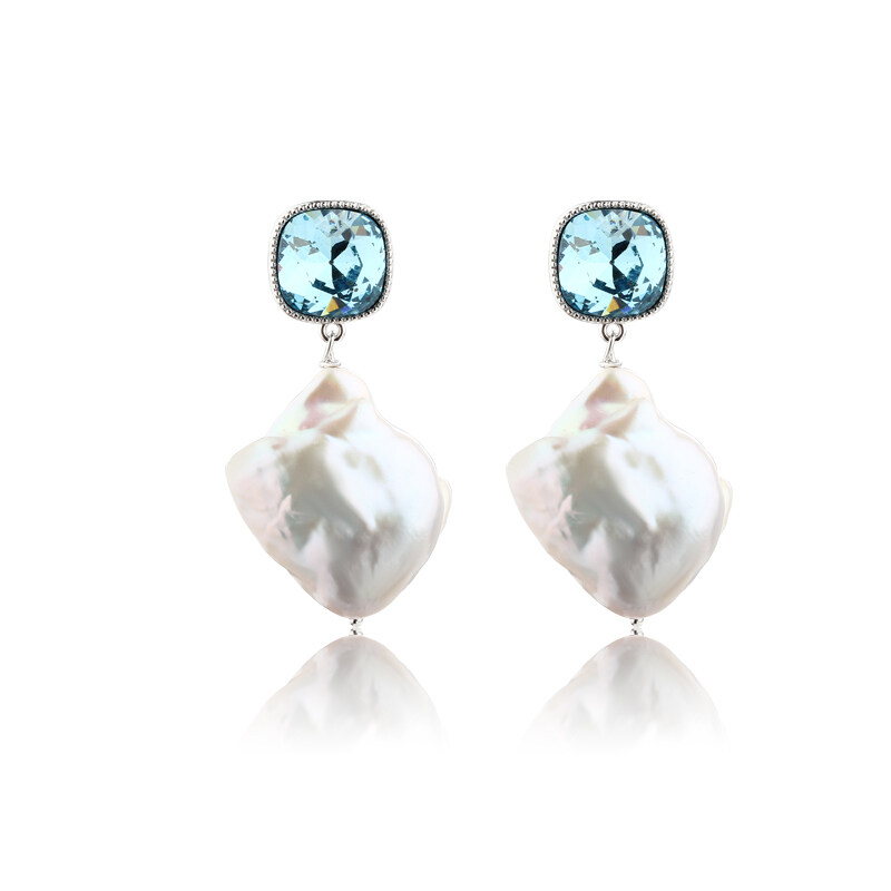 925 Sterling Silver Crystal & Baroque Pearl Earring Studs