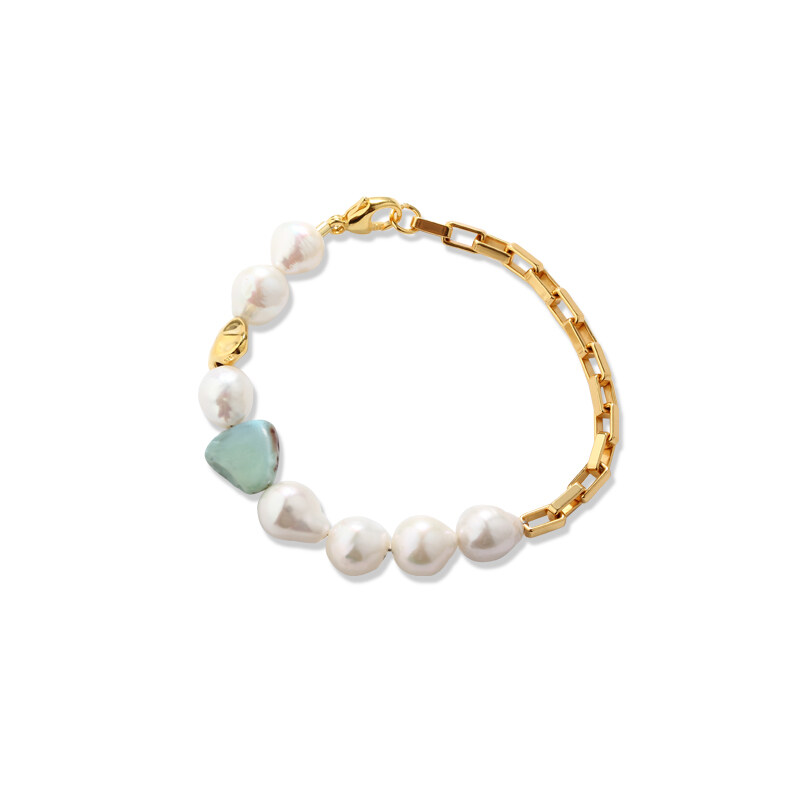 925 Sterling Silver Larimar Gemstone & Baroque Pearl Box Chain Bracelet