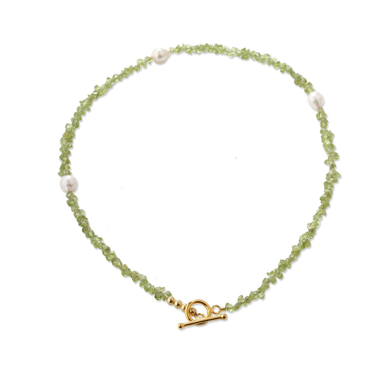 925 Sterling Silver Olivine Gemstone & Pearl OT Clasp Necklace