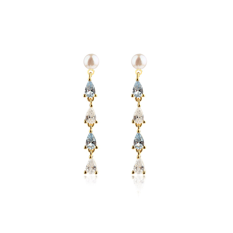 925 Sterling Silver Round Pearl & Pear Shaped CZ Earring Stubs